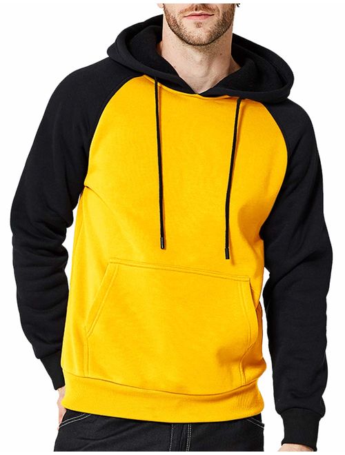 DUOFIER Men's Contrast Raglan Long-Sleeve Pullover Blend Fleece Hoodie with Kanga Pocket