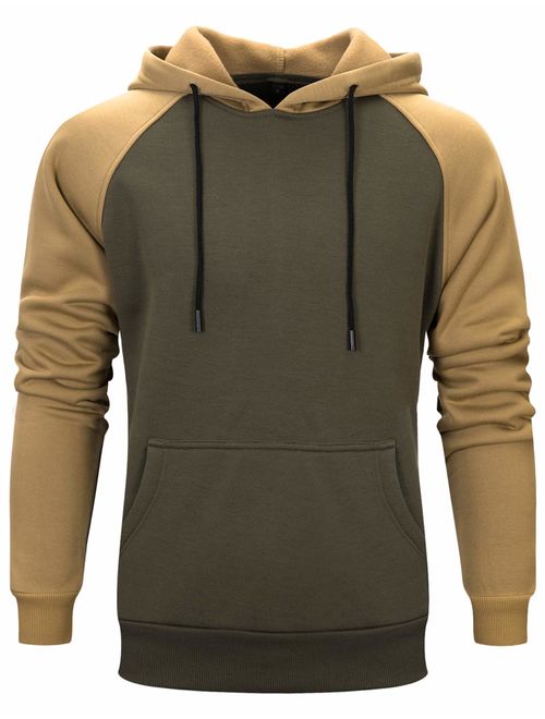 DUOFIER Men's Contrast Raglan Long-Sleeve Pullover Blend Fleece Hoodie with Kanga Pocket