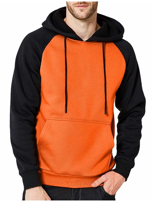 DUOFIER Men's Contrast Raglan Long-Sleeve Pullover Blend Fleece Hoodie with Kanga Pocket