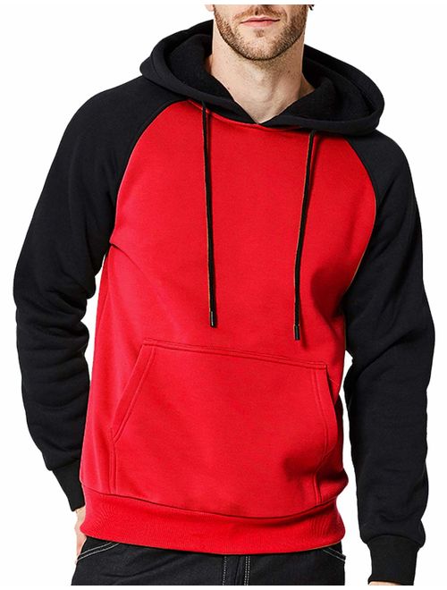 DUOFIER Men's Contrast Raglan Long-Sleeve Pullover Blend Fleece Hoodie with Kanga Pocket