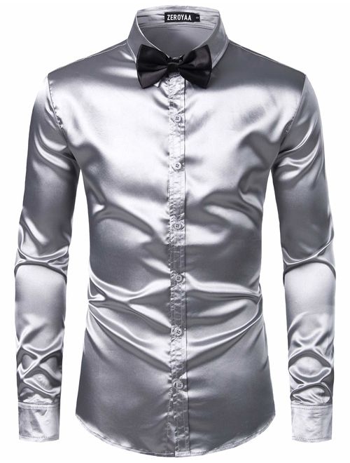 ZEROYAA Luxury Satin Button Up Black Shiny Silk Dress Shirts