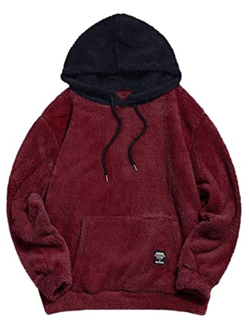 ZAFUL Color Blocking Fuzzy Fluffy Men Hoodie Unisex Men Sherpa Pullover Loose Sweatshirt