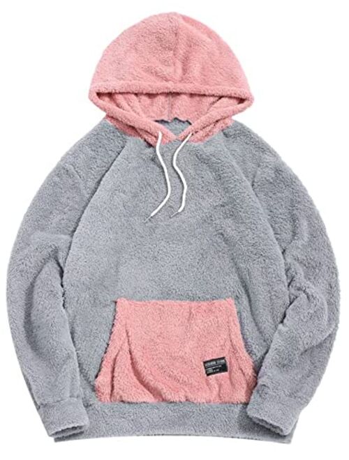 ZAFUL Color Blocking Fuzzy Fluffy Men Hoodie Unisex Men Sherpa Pullover Loose Sweatshirt