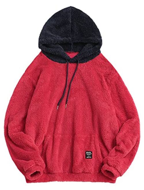 ZAFUL Color Blocking Fuzzy Fluffy Men Hoodie Unisex Men Sherpa Pullover Loose Sweatshirt