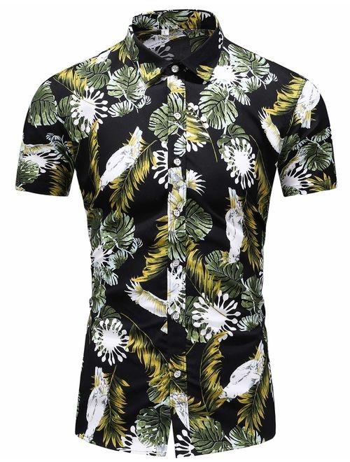 LEFTGU Men's Slim fit Floral Printed Beach Hawaiian Button-Down Dress Shirt