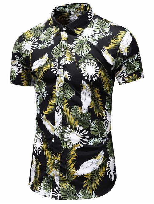 LEFTGU Men's Slim fit Floral Printed Beach Hawaiian Button-Down Dress Shirt