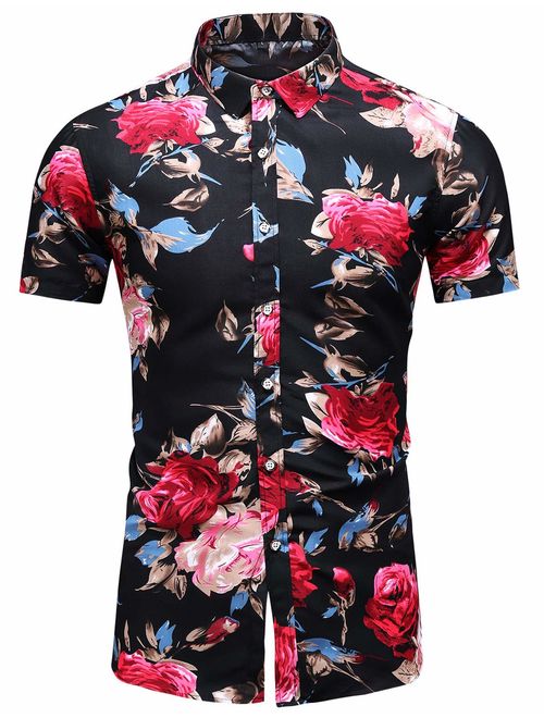 LEFTGU Men's Slim fit Floral Printed Beach Hawaiian Button-Down Dress Shirt