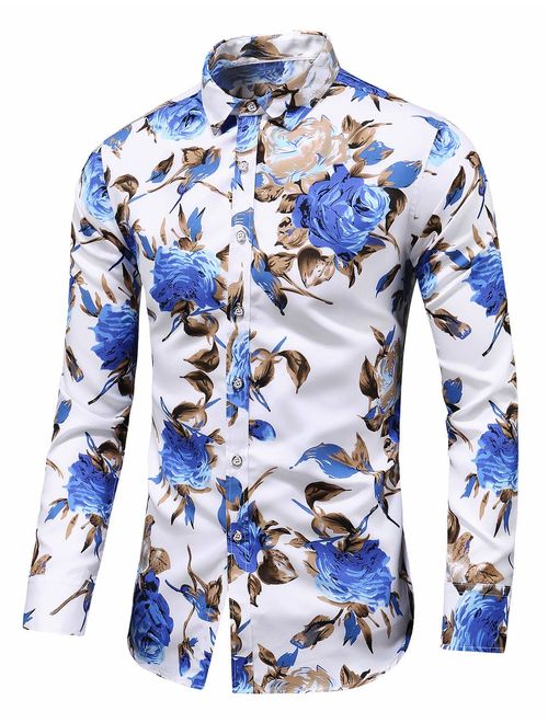 LEFTGU Men's Slim fit Floral Printed Beach Hawaiian Button-Down Dress Shirt