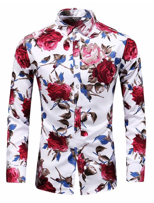 LEFTGU Men's Slim fit Floral Printed Beach Hawaiian Button-Down Dress Shirt