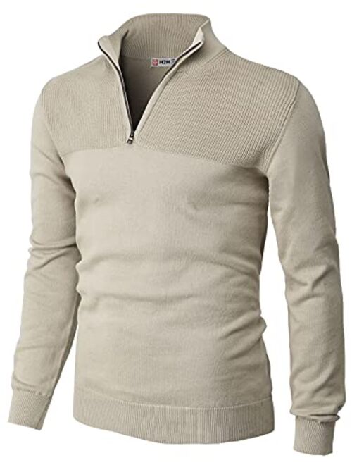 H2H Mens Casual Slim Fit Pullover Sweaters Long Sleeve Knitted Fabric Zip Up Mock Neck Polo Sweater