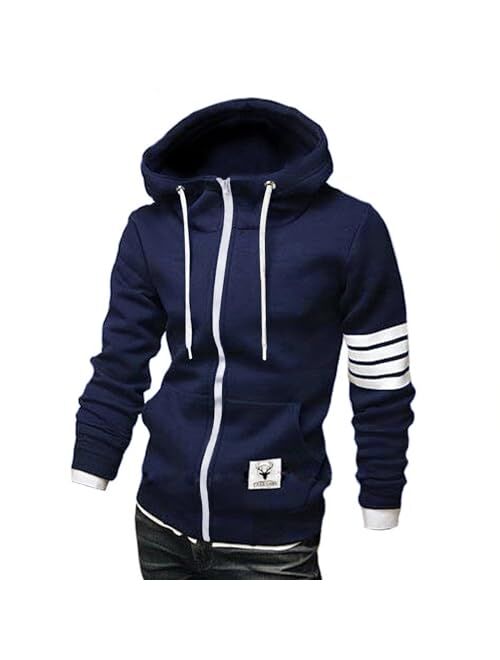 ZUEVI Men's Casual Striped Drawstring Hooded and Zipper Closure Hoodies