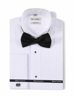 Piero Lusso Men's Wingtip Collar Tuxedo Dress Shirt with French Cuffs and Bow Tie