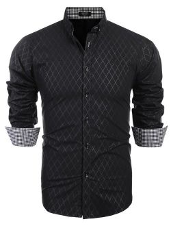 Men's Slim Fit Dress Shirt Long Sleeve Wrinkle Free Business Plaid Button Down Collar Shirt