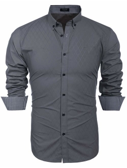 Men's Slim Fit Dress Shirt Long Sleeve Wrinkle Free Business Plaid Button Down Collar Shirt