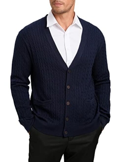 Kallspin Men's Relax Fit V-Neck Cardigan Cashmere Wool Blend Button with Pockets