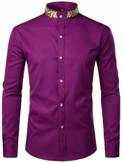 ZEROYAA Mens Hipster Gold Embroidery Mandarin Collar Slim Fit Long Sleeve Casual Dress Shirts