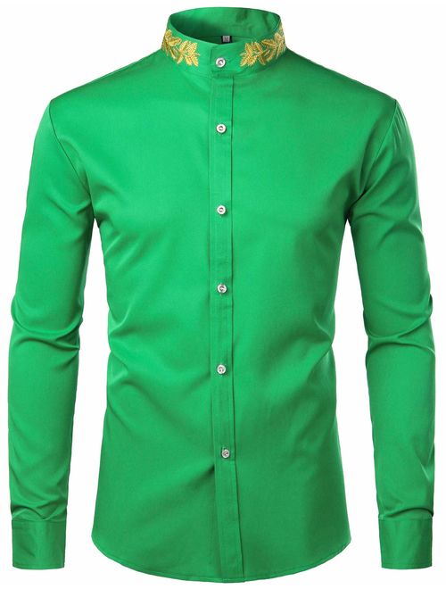 ZEROYAA Mens Hipster Gold Embroidery Mandarin Collar Slim Fit Long Sleeve Casual Dress Shirts