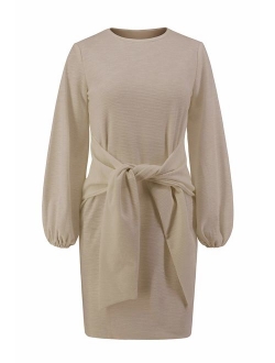 R.Vivimos Women's Autumn Winter Cotton Long Sleeves Elegant Knitted Bodycon Tie Waist Sweater Pencil Dress