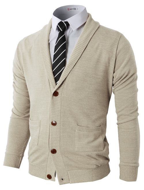 H2H Mens Casual Comfortable Fit Cardigan Sweater Shawl Collar Soft Fabric with Ribbing Edge