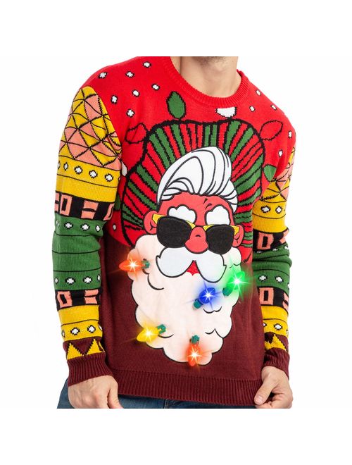 Men's Santa Llama Christmas Holiday Ugly Sweater with Built-in Light-up Bulbs