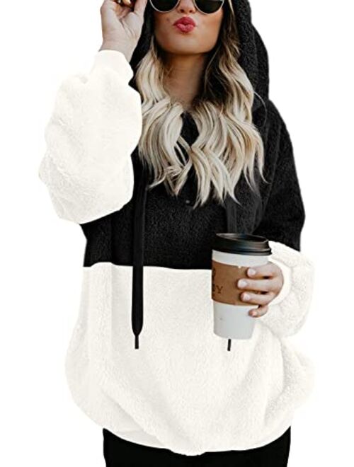 LONGYUAN Womens Long Sleeve Fuzzy Hoodies Warm Fleece Pullover Sweaters Zipped Up with Pocket