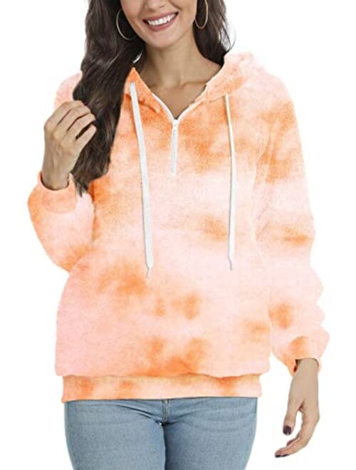 LONGYUAN Womens Long Sleeve Fuzzy Hoodies Warm Fleece Pullover Sweaters Zipped Up with Pocket