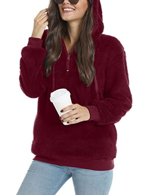 LONGYUAN Womens Long Sleeve Fuzzy Hoodies Warm Fleece Pullover Sweaters Zipped Up with Pocket