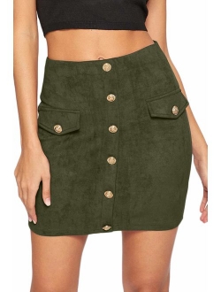 Meyeeka Women's Button Front Faux Suede High Waist A-line Mini Skirt with Pocket