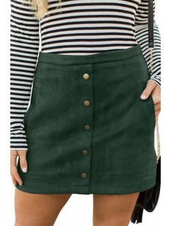 Meyeeka Women's Button Front Faux Suede High Waist A-line Mini Skirt with Pocket