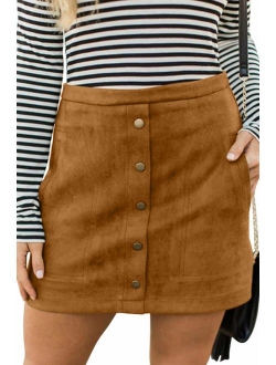 Meyeeka Women's Button Front Faux Suede High Waist A-line Mini Skirt with Pocket