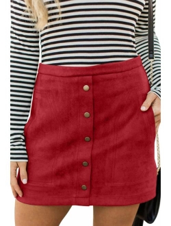 Meyeeka Women's Button Front Faux Suede High Waist A-line Mini Skirt with Pocket