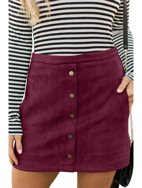 Meyeeka Women's Button Front Faux Suede High Waist A-line Mini Skirt with Pocket