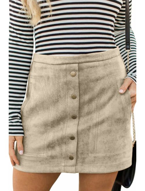 Meyeeka Women's Button Front Faux Suede High Waist A-line Mini Skirt with Pocket