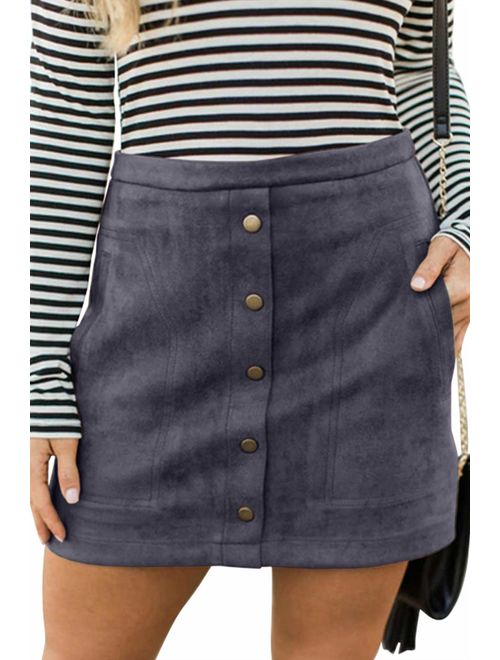 Meyeeka Women's Button Front Faux Suede High Waist A-line Mini Skirt with Pocket