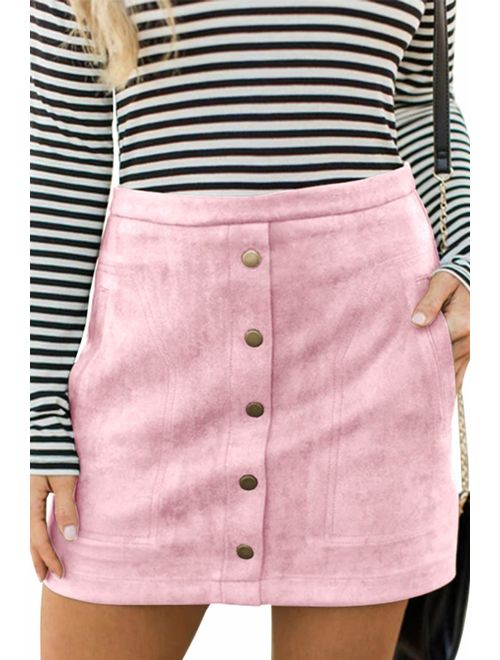 Meyeeka Women's Button Front Faux Suede High Waist A-line Mini Skirt with Pocket