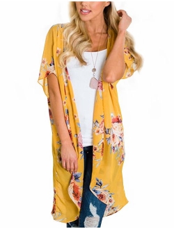 Women Floral Kimono Cardigan Chiffon Casual Loose Open Front Cover Up Tops