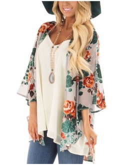 Women Floral Kimono Cardigan Chiffon Casual Loose Open Front Cover Up Tops