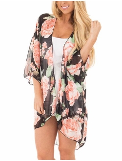 Women Floral Kimono Cardigan Chiffon Casual Loose Open Front Cover Up Tops