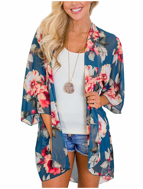 Women Floral Kimono Cardigan Chiffon Casual Loose Open Front Cover Up Tops