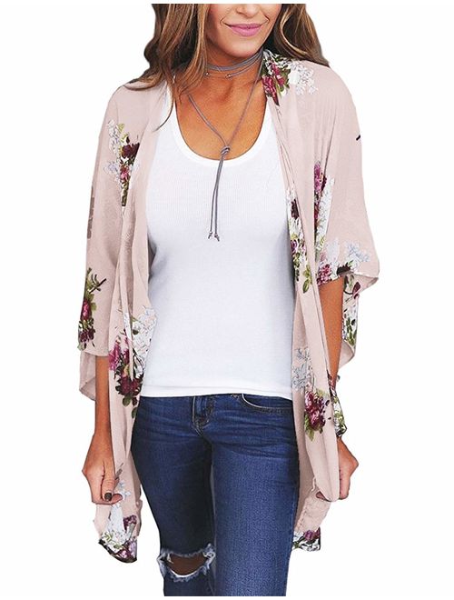 Women Floral Kimono Cardigan Chiffon Casual Loose Open Front Cover Up Tops