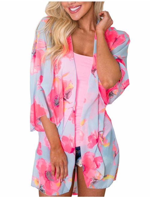 Women Floral Kimono Cardigan Chiffon Casual Loose Open Front Cover Up Tops