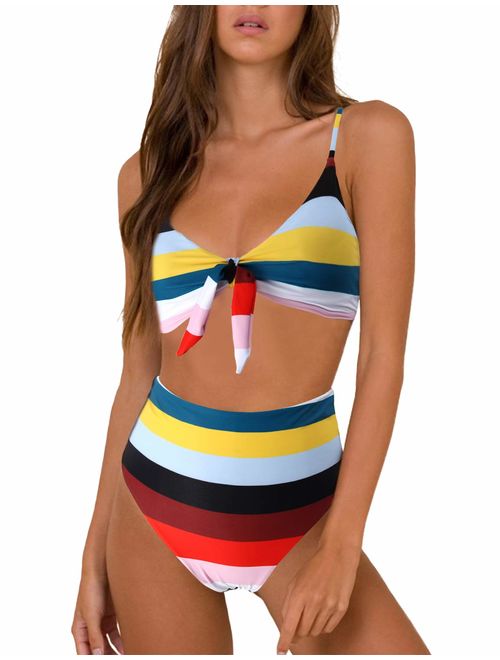 Blooming Jelly Womens High Waisted Bikini Set Tie Knot High Rise Two Piece Swimsuits Bathing Suits