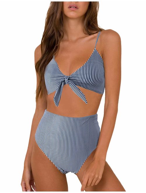 Blooming Jelly Womens High Waisted Bikini Set Tie Knot High Rise Two Piece Swimsuits Bathing Suits