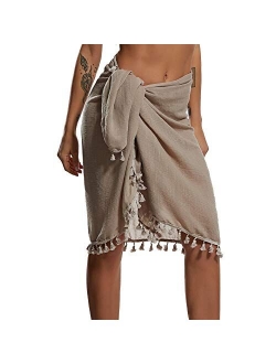 Eicolorte Beach Sarong Pareo Womens Semi-Sheer Swimwear Cover Ups Short Skirt with Tassels