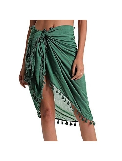 Eicolorte Beach Sarong Pareo Womens Semi-Sheer Swimwear Cover Ups Short Skirt with Tassels