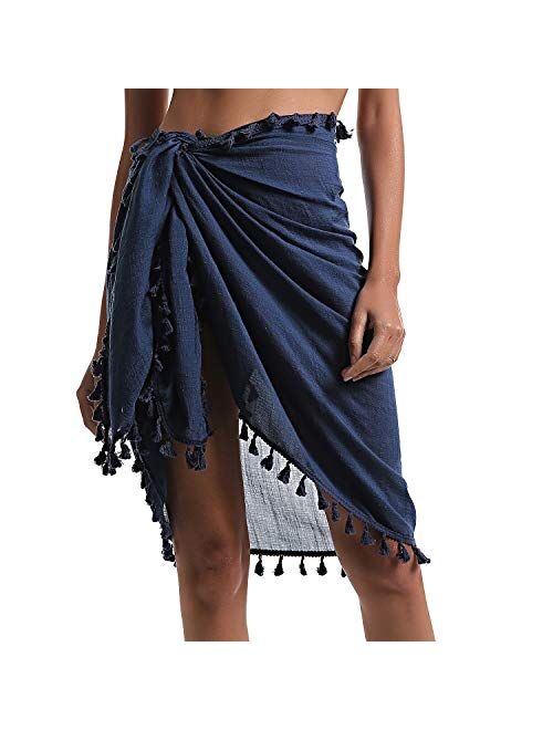 Eicolorte Beach Sarong Pareo Womens Semi-Sheer Swimwear Cover Ups Short Skirt with Tassels