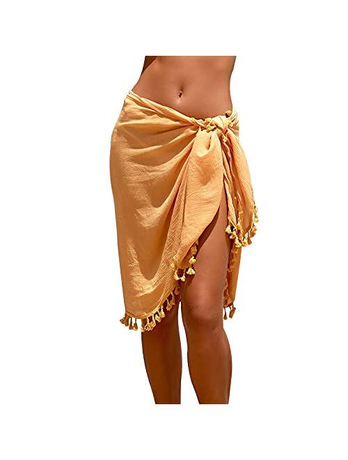 Eicolorte Beach Sarong Pareo Womens Semi-Sheer Swimwear Cover Ups Short Skirt with Tassels