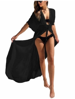 Bsubseach Women Sexy Lace Crochet Open Front Swimsuit Beach Long Kimono Cover Ups