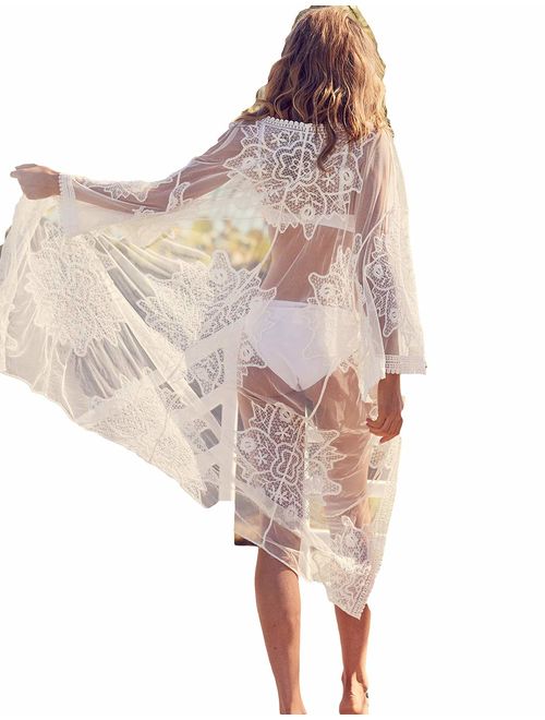 Bsubseach Women Sexy Lace Crochet Open Front Swimsuit Beach Long Kimono Cover Ups