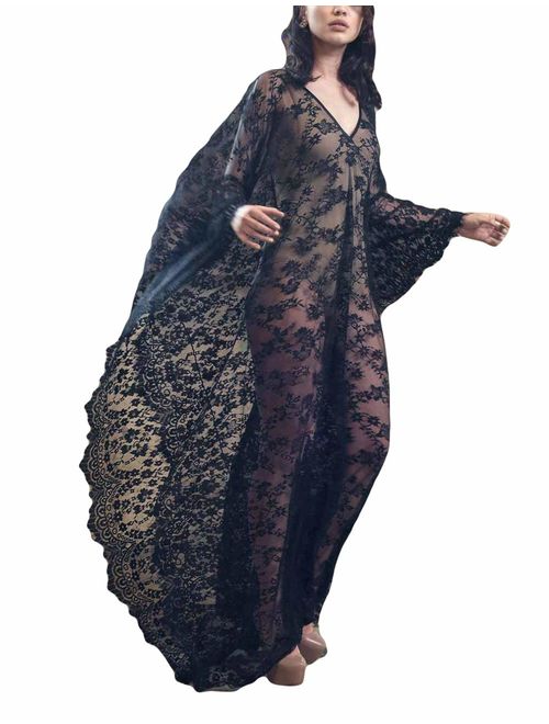 Bsubseach Women Sexy Lace Crochet Open Front Swimsuit Beach Long Kimono Cover Ups